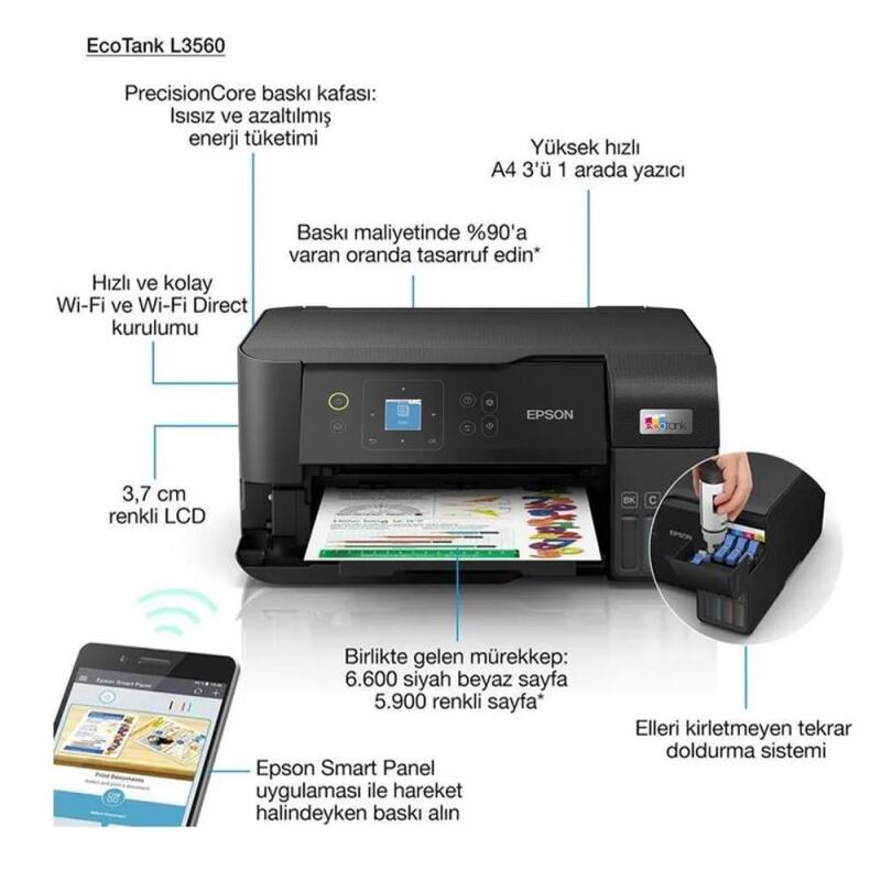 Epson L3560 MEAF Yazıcı/Tarayıcı/Fotokopi Renkli Mürekkep Tanklı Yazıcı WI-FI Ekranlı
