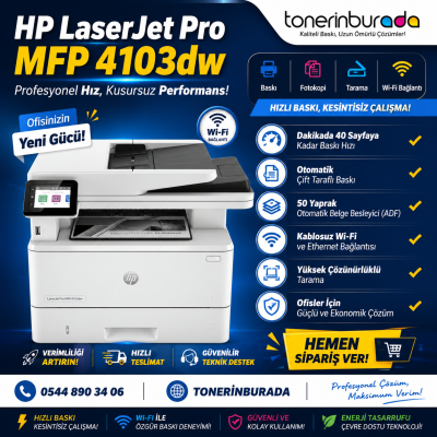 HP LaserJet Pro MFP 4103DW Wi - Fi Fotokopi Çift Taraflı Baskı Tarama Lazer Yazıcı Beyaz 2Z627A