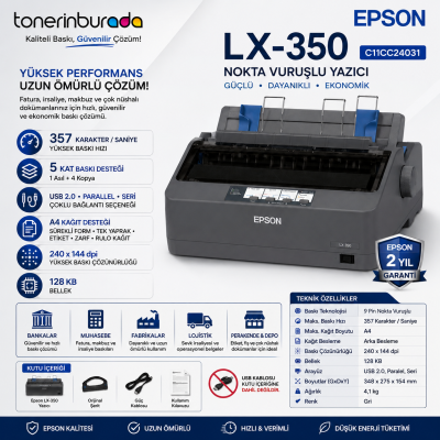 Epson LX-350 Nokta Vuruşlu Yazıcı 9 İğne 80 Sütun 390 Karakter/sn